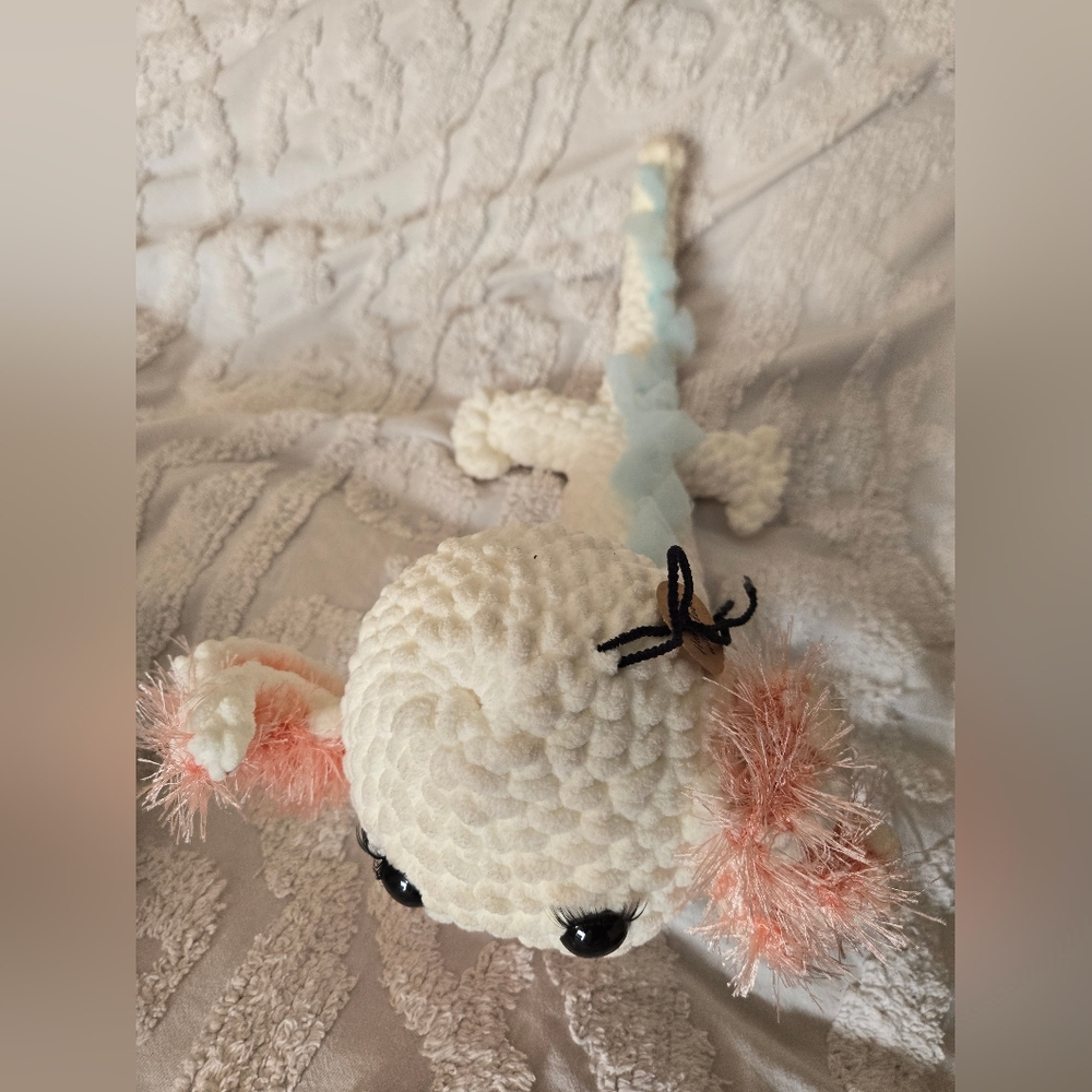 Handmade Crochet White Pink Blue Axolotl Plush Approx 17 In Long - Picture 3 of 11